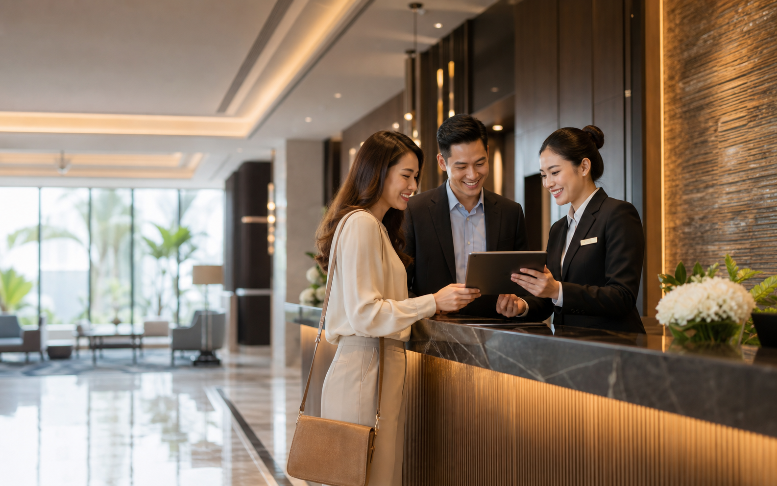 Hotel recruitment interview in a modern lobby
